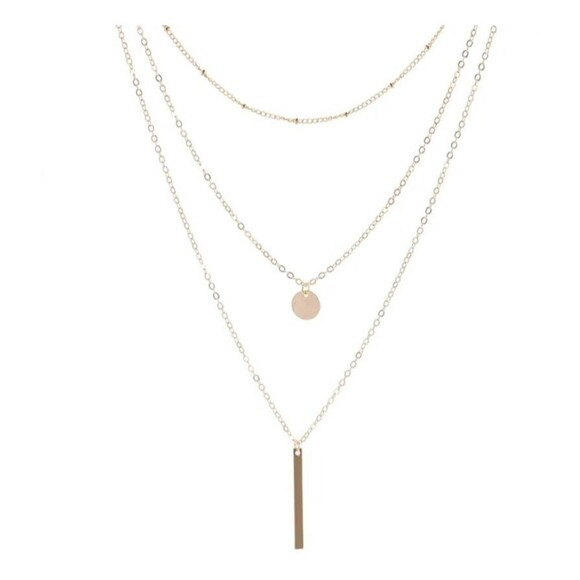 Gold Tone Layered Necklace Circle Bar Pendant Classic Boho Festival - Picture 7 of 13